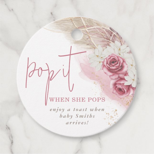 Boho Beige Ro Rosa Pop It Baby Shower Gåvor Etiketter (Framsida)