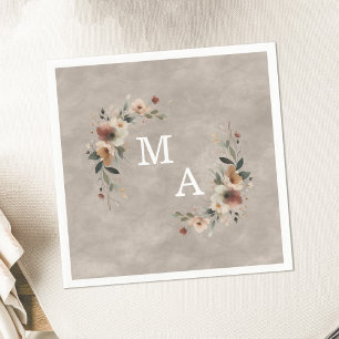 Boho Beige Taupe Blommigt WAN Bröllop Monogram Pappersservett