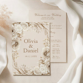 Boho Beige, torkad blomma och Vit ros Bröllop Program