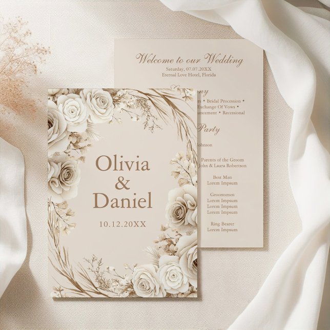Boho Beige, torkad blomma och Vit ros Bröllop Program (Boho Beige Dried Flower and White Roses Wedding Program on an elegant silky tablecloth)