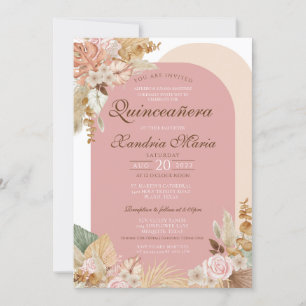 Boho Beige Torkad Ro Blommigt Quinceanera Inbjudningar