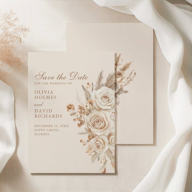 Boho Beige, torkade blommor och Ro Bröllop Spara Datumet (Boho Beige Dried Flowers and Roses Wedding Save The Date on an elegant silky tablecloth)
