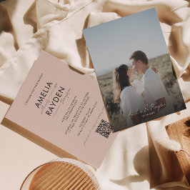 Boho Beige Typography Script Photo QR Code Bröllop Inbjudningar