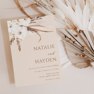 Boho Beige White Blommigt All Seasons Bröllop Inbjudningar