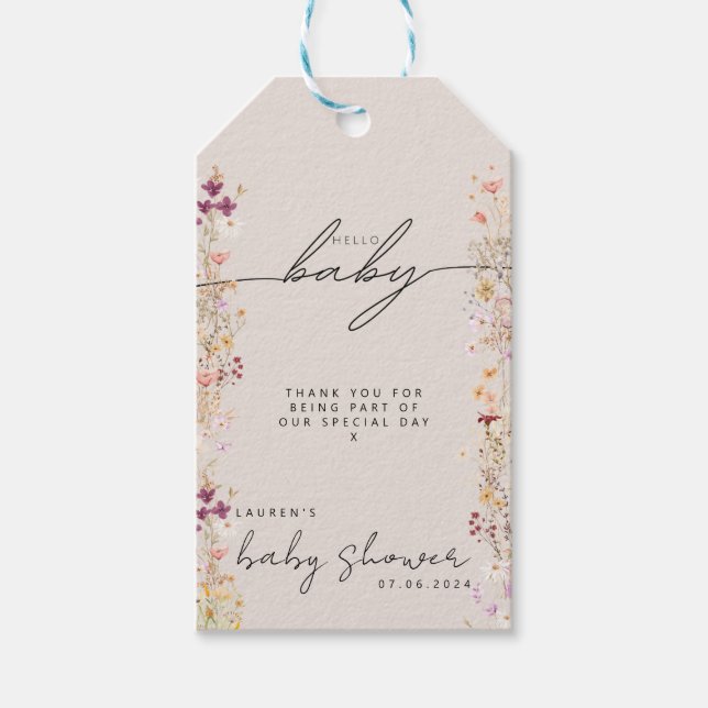 Boho Beige WildblomBaby Shower Tack Presentetikett (Framsidan)