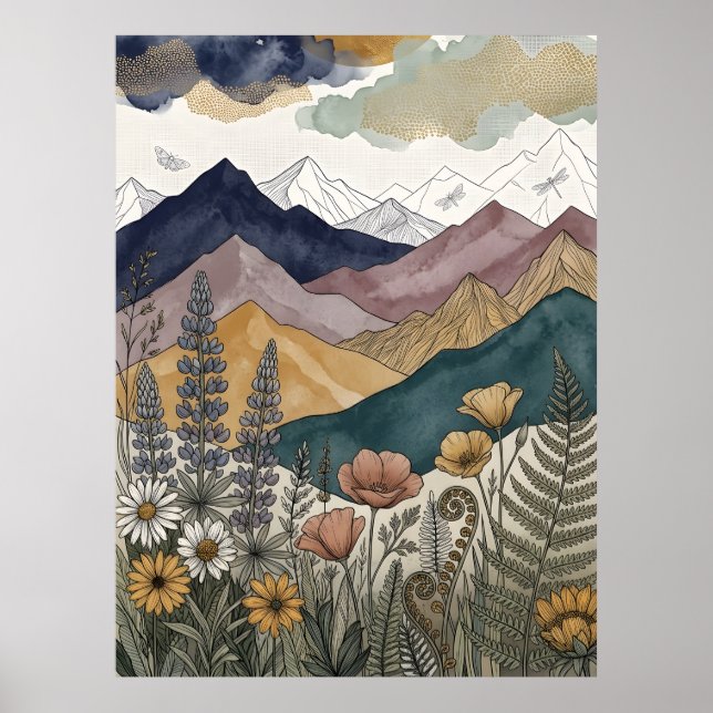 Boho Berg Lupin Vildblomma Äng Poster (Framsidan)