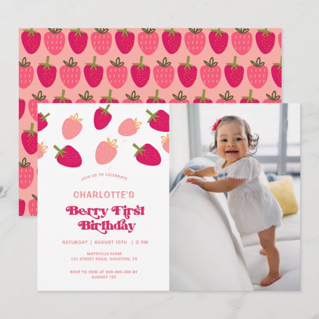 Boho Berry första födelsedag Fotoinbjudan Inbjudningar (Fram/baksida)