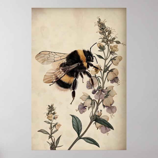 Boho Bin i lila blommönster, Moody Bumblebee Poster (Framsidan)