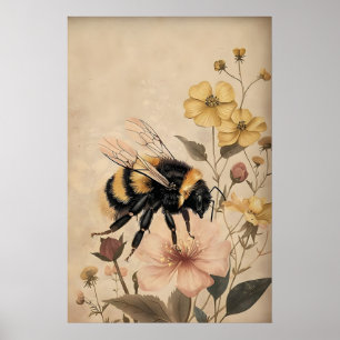 Boho Bina i guldfärgat blommönster, Botanisk Vägg Poster