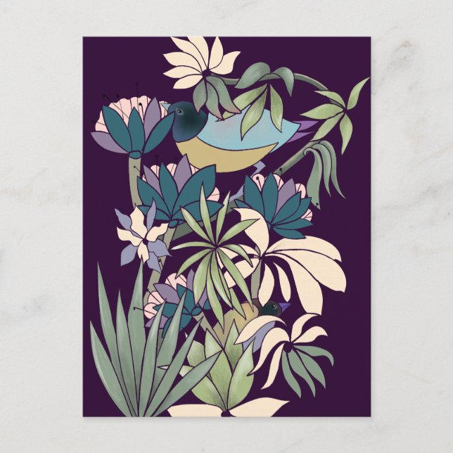 Boho bird blomsterträdgård lila vycard vykort (Framsida)