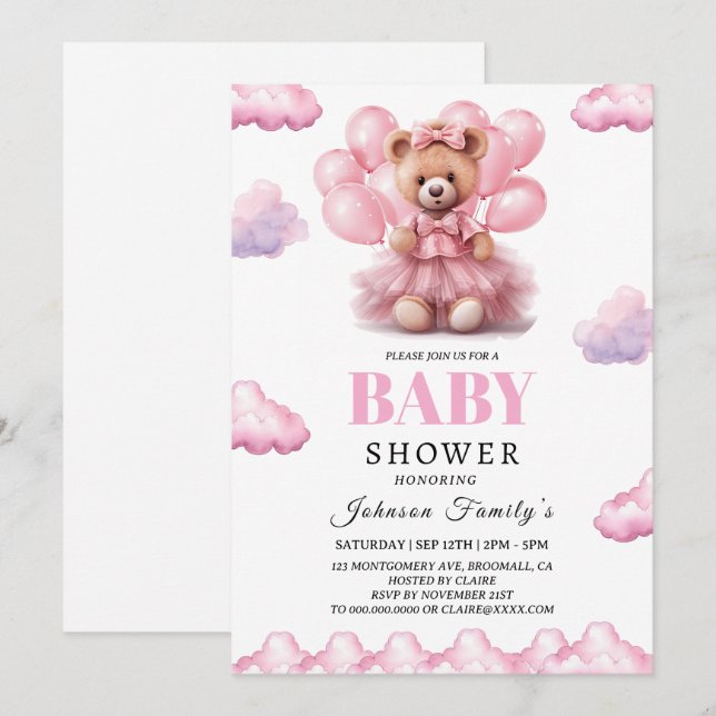 Boho björn lilla flicka rosa Babyshower Inbjudningar (Fram/baksida)