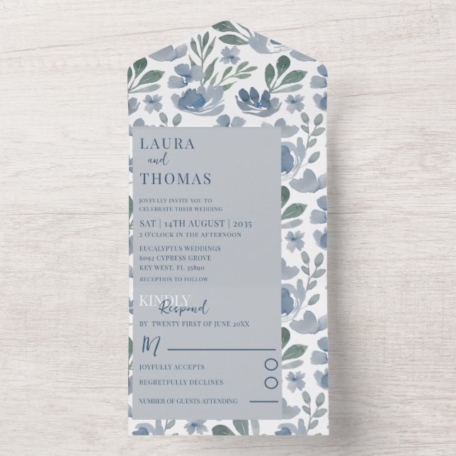 Boho Blå Akvarell Blommönster Bröllop   (Insida)