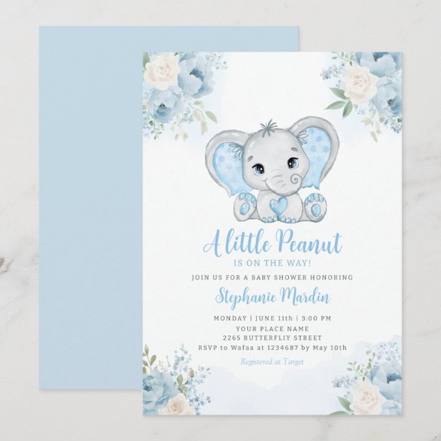 Boho Blå Akvarell Pojke Elefant Babyfirande Inbjudningar (Fram/baksida)