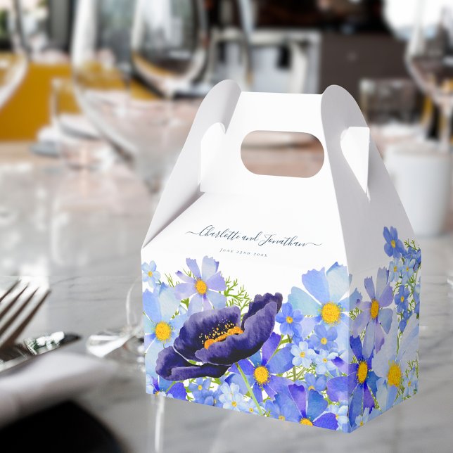 Boho Blå Blommig Bröllop Tack Kort Presentaskar (Elegant blue summer floral wedding favor box with stylish typography script & watercolor wildflowers)