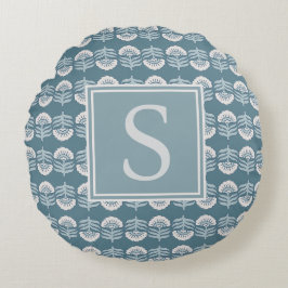 Boho Blå Blommig Monogram Kudd Rund Kudde