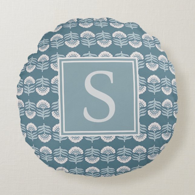 Boho Blå Blommig Monogram Kudd Rund Kudde (Framsidan)