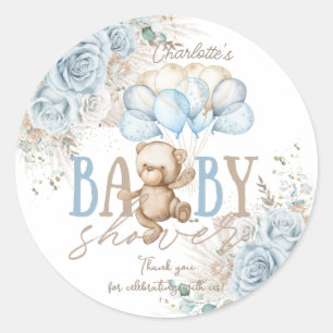 Boho Blå Blommig Pampas Teddybjörn Pojke Babyshowe Runt Klistermärke
