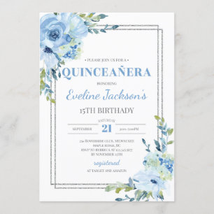 Boho blå blommig silver ram rustic quinceanera inbjudningar