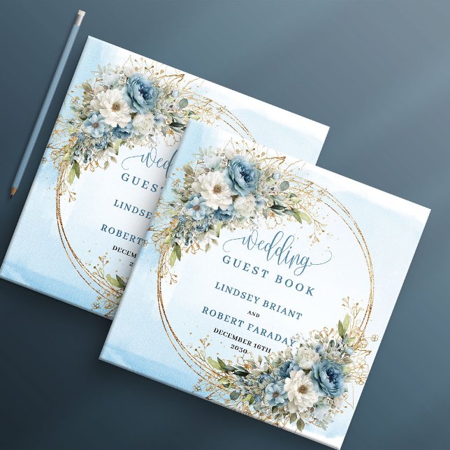 Boho Blå Blommor Grönska Guld Gästbok (Boho Blue Flowers Greenery Gold Guest Book)