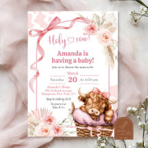 Boho Blå Bow Highland Ko Babyshower Inbjudan