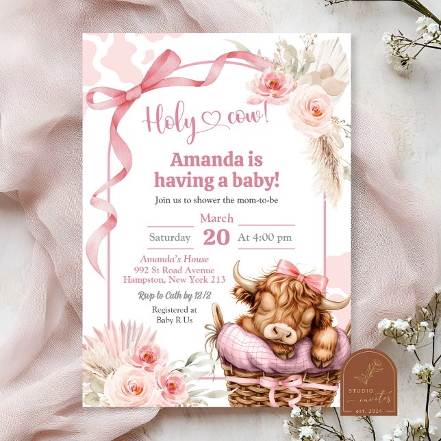 Boho Blå Bow Highland Ko Babyshower Inbjudan (Skapare uppladdad)