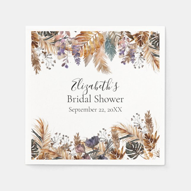 Boho Blå Brun Botanisk Palmblad Pampasgräs Pappersservett (Framsidan)