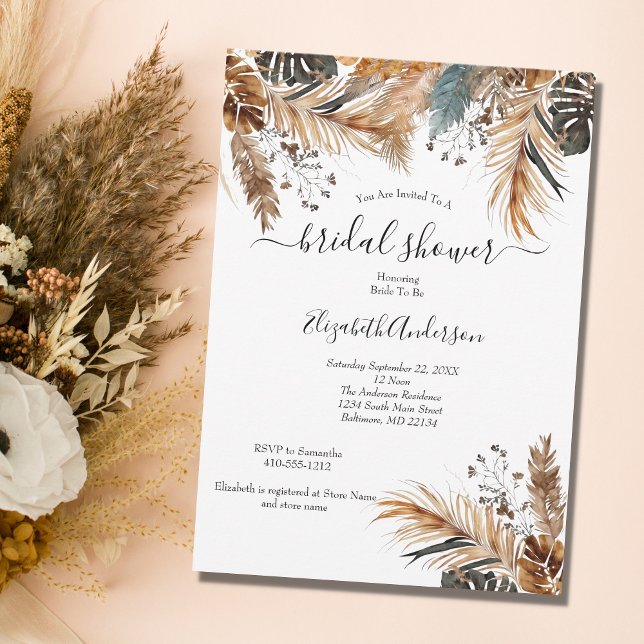 Boho Blå Brun Pampas Gräs Palmblad Bröllop S Inbjudningar (Skapare uppladdad)