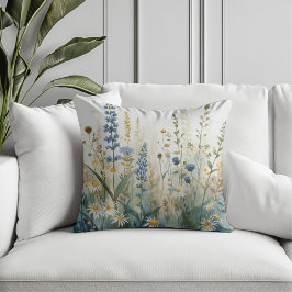 Boho Blå Grön Guld Vildblommor Trädgårdstryck Kudde