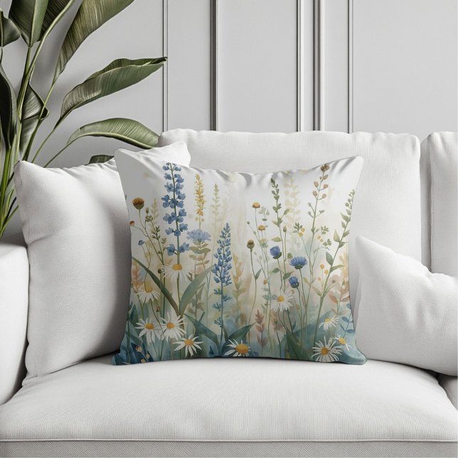 Boho Blå Grön Guld Vildblommor Trädgårdstryck Kudde (Skapare uppladdad)