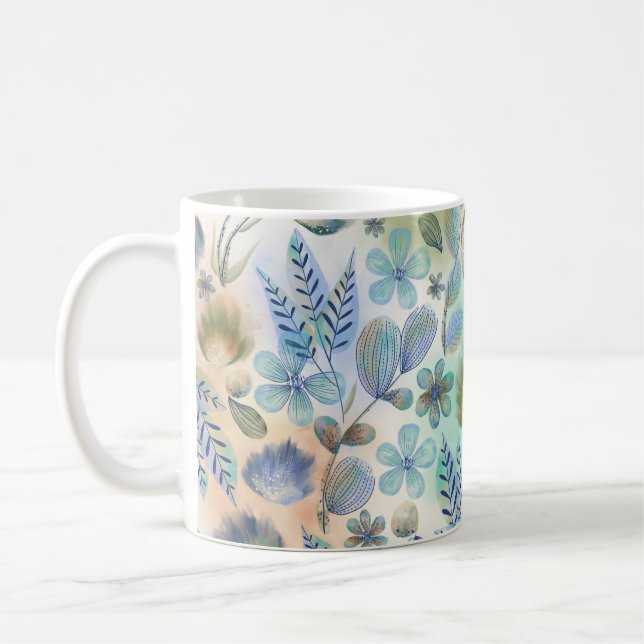 Boho Blå Grön Whimsical Blommig Botanisk  Kaffemugg (Vänster)