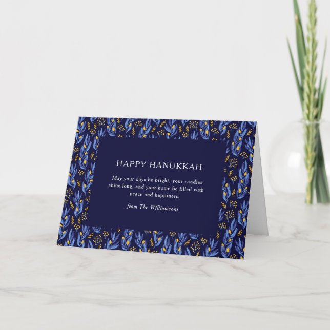 Boho Blå Hanukkah Botanisk Anpassad Blank Ihopfäll Helgkort (Framsida)