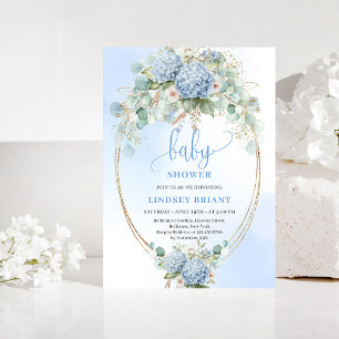 Boho Blå Hortensia Baby Shower Guld Inbjudan