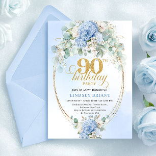 Boho Blå Hortensia Grönska 90-års Födelsedagsinbju Inbjudningar