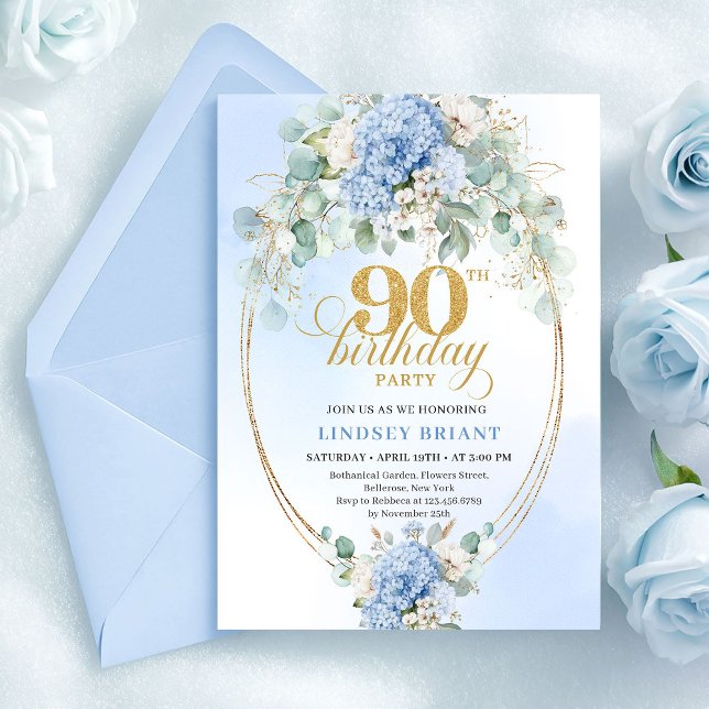 Boho Blå Hortensia Grönska 90-års Födelsedagsinbju Inbjudningar (Boho Blue Hydrangea Greenery 90th Birthday Invite)