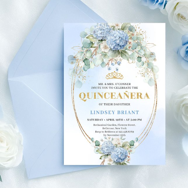 Boho Blå Hydrangeas Guld Quinceañera-inbjudan Inbjudningar (Boho Blue Hydrangeas Gold Quinceañera Invitation)