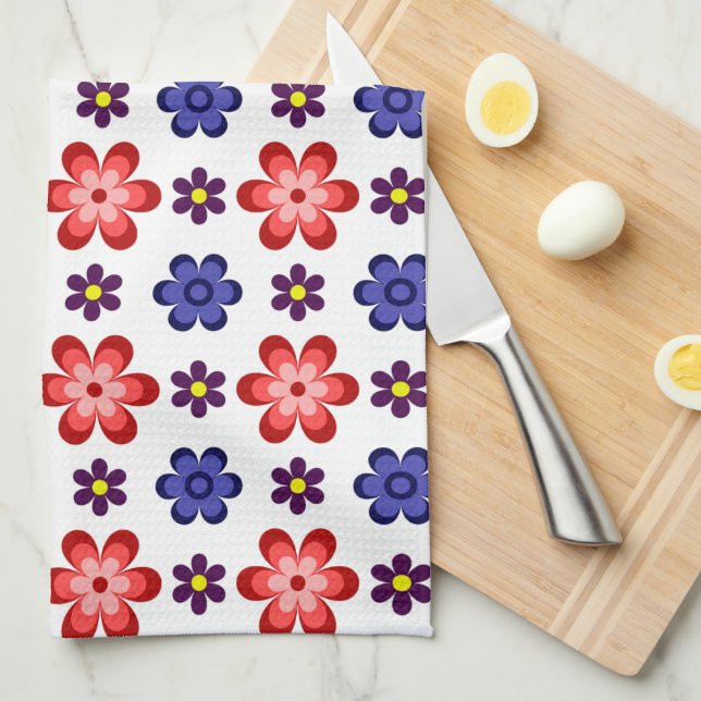 Boho Blå Lila Röda Blommor Kökshandduk (Vikt i Fjärdedel)
