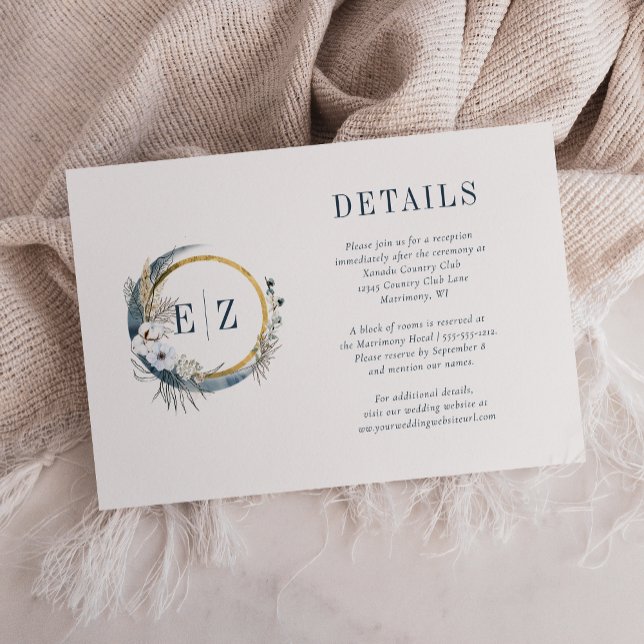 Boho Blå Månad Blommig Monogram Krans Detaljer Tilläggskort (Skapare uppladdad)