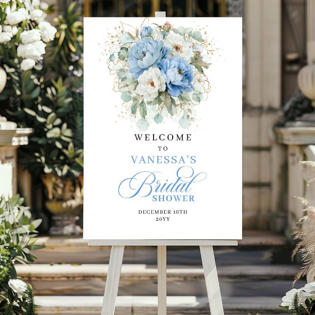 Boho Blå och Guld Blommig Bröllopsfest Välkommen Poster (Boho Blue and Gold Floral Bridal Shower Welcome)