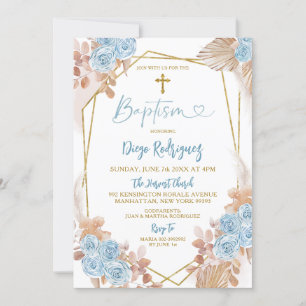 Boho blå och guld blommig dop inbjudan