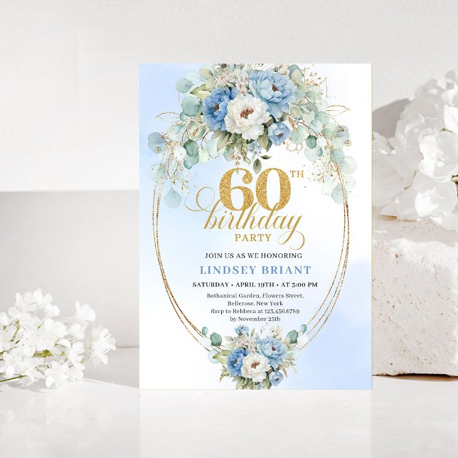 Boho blå och guld peony blomster chic 60-årsdag inbjudningar (Blue and gold peony floral chic 60th birthday invitation

)