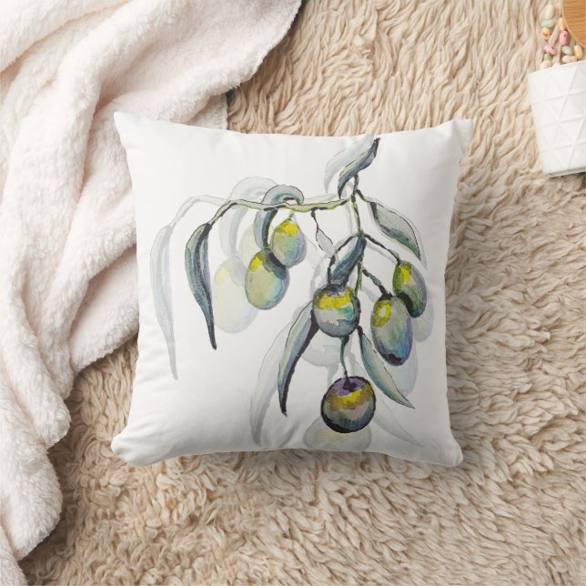 Boho Blå Olivgren Vattenfärg Handmålad Kudde (Filt)