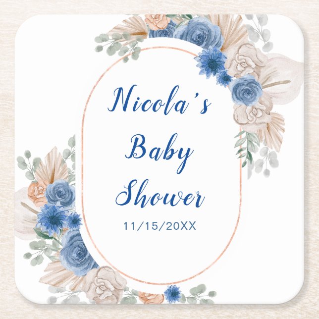 Boho Blå Pampasgräs Baby Shower Underlägg Papper Kvadrat (Framsidan)