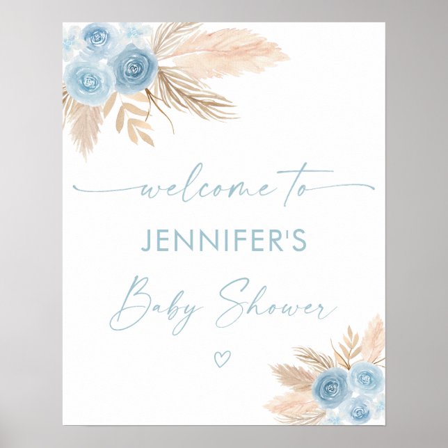 Boho Blå Pampasgräs Baby Shower Välkomstskylt Poster (Framsidan)