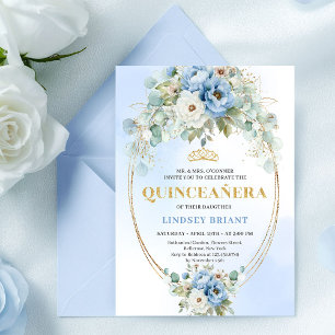 Boho Blå Peonies Eucalyptus Quinceañera Nedladdnin Inbjudningar