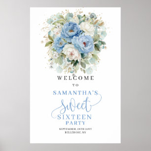 Boho Blå Peonies Guld Sweet Sixteen Välkommen Poster