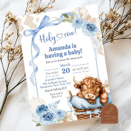 Boho Blå Ros Highland Ko Bebis Dusj Inbjudningar