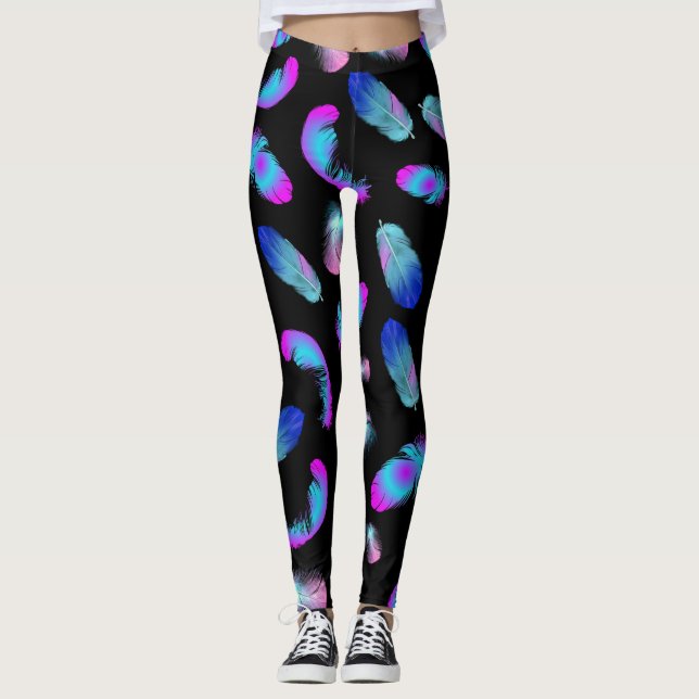 BOHO BLÅ ROSA FJÄDER MÖNSTER LEGGINGS (Framsida)