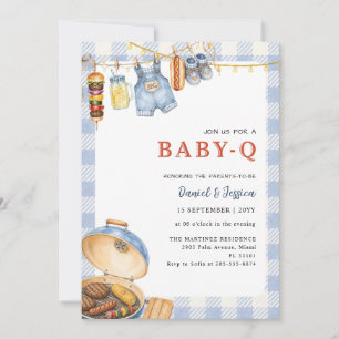 Boho Blå Rutig Baby Q Grillfest Babyfest Inbjudningar