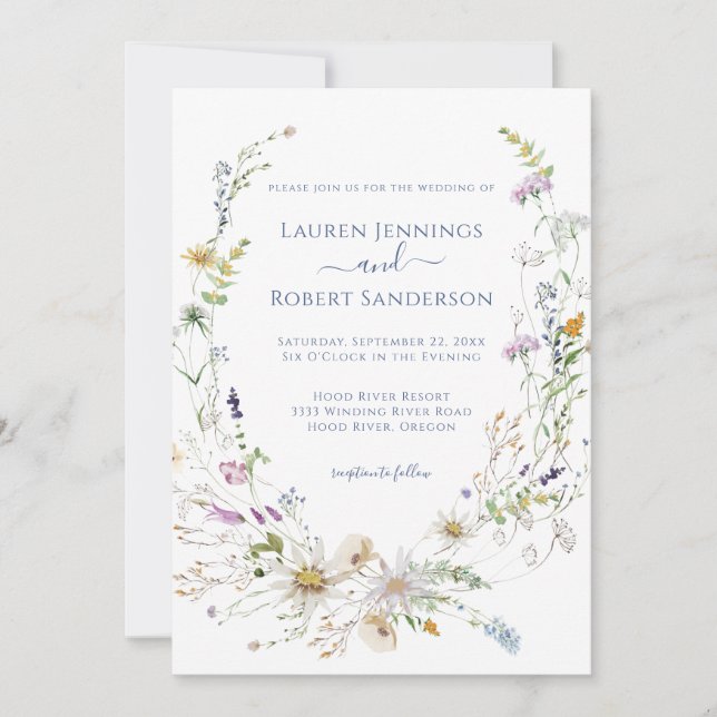 Boho Blå Vildblomma Bröllop Inbjudningar (Framsida)