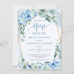 Boho blåa blommor eucalyptus guld Open House Inbjudningar